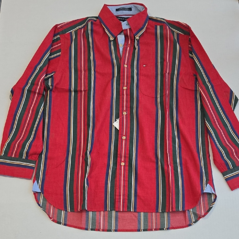 Tommy Hilfiger Men's RED Multicolor Striped Shirt - Size M - NEW